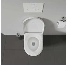Vue de dessus de toilettes avec réservoir et porte-papier toilette