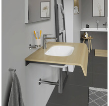 Salle de bains avec lavabo, robinet, miroir et porte-serviettes