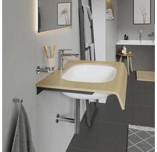 Salle de bain avec lavabo, robinetterie et porte-serviettes