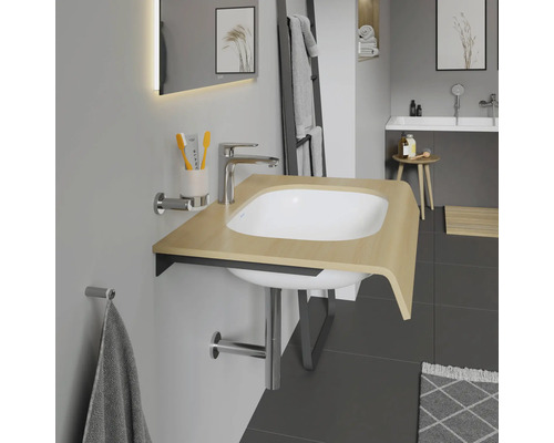 Salle de bain avec lavabo, robinetterie et porte-serviettes
