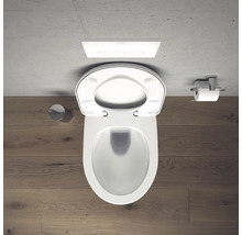 Vue de dessus de toilettes avec couvercle de toilette ouvert, brosse de toilette, porte-papier toilette et plaque de commande