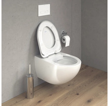 WC suspendu à fond creux avec bride ouverte, plaque de commande, brosse de toilette et support papier toilette dans la salle de bains