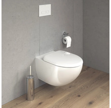 WC suspendu avec porte-papier hygiénique et brosse dans une salle de bains