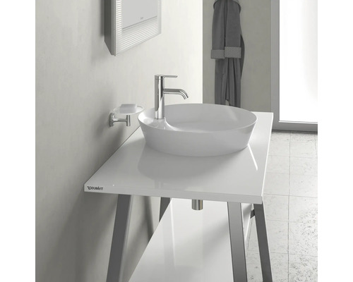 Meuble-lavabo de salle de bains avec vasque à poser, robinetterie et porte-savon