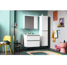 Badezimmer mit Waschtisch, Spiegelschrank und Hochschrank für Badezimmerutensilien