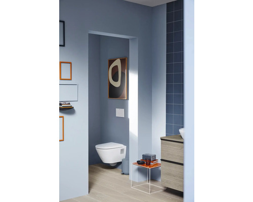 Salle de bains avec WC suspendu, meuble-lavabo et articles de décoration pour un intérieur moderne