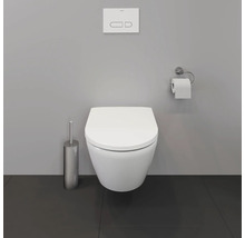 WC suspendu avec plaque de commande, brosse de toilette et porte-papier hygiénique dans une salle de bains