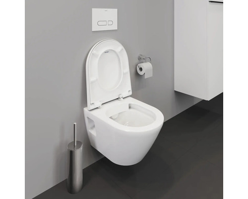WC suspendu à fond creux avec bride ouverte, plaque de commande et brosse de toilette