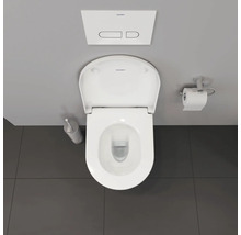 Vue de dessus de toilettes avec couvercle ouvert, brosse de toilettes, porte-papier toilette et plaque de commande