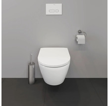 WC suspendu avec plaque de commande, brosse de toilette et porte-papier toilette