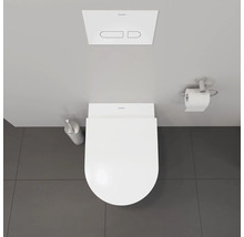 Vue de dessus de toilettes avec réservoir de chasse d'eau, brosse de toilette et porte-papier toilette.