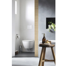 Salle de bains avec WC suspendu, porte-papier toilette, brosse de toilette et espace de rangement