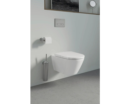 WC suspendu avec brosse de toilette et porte-papier toilette