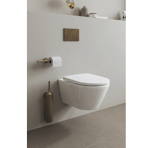 WC suspendu dans une salle de bains avec brosse de toilette, porte-papier toilette et plaque de commande