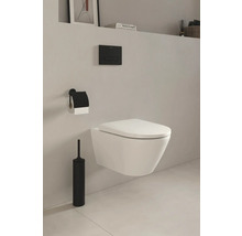 WC suspendu avec brosse de toilette, porte-papier toilette et plaque de commande dans une salle de bain