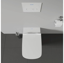 Vue de dessus de toilettes avec plaque de commande et brosse de toilette