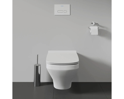 WC suspendu avec brosse de toilette, porte-papier toilette et plaque de commande