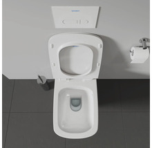 Image de toilettes avec couvercle ouvert, réservoir et porte-papier hygiénique