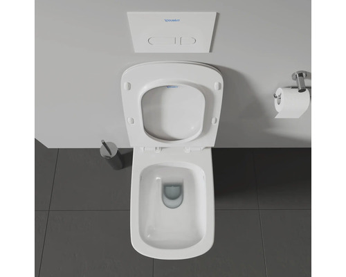 Image de toilettes avec couvercle ouvert, réservoir et porte-papier hygiénique