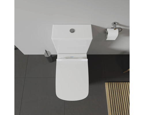 Vue de dessus de toilettes avec brosse de toilette et porte-papier toilette.