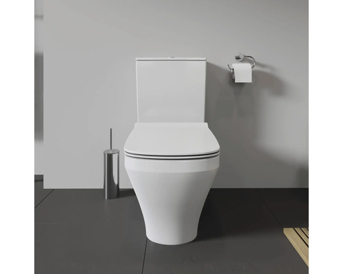 Toilettes blanches avec brosse de toilette et support papier toilette dans la salle de bain