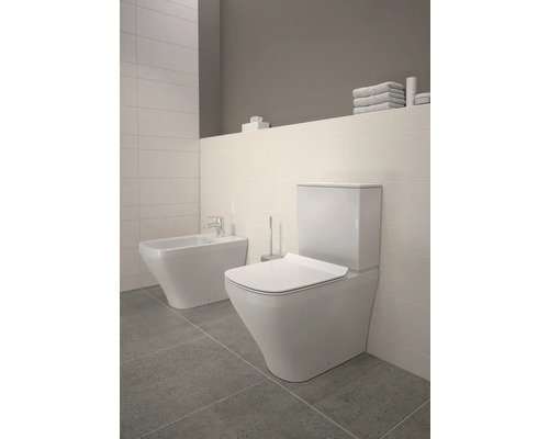 Scène avec toilettes, bidet et accessoires de salle de bain dans une salle de bain
