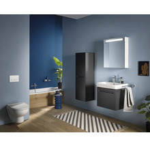 Salle de bain moderne avec toilettes, baignoire, lavabo, armoire de toilette et armoire haute pour une ambiance élégante