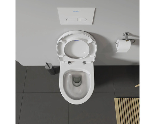 Vue de dessus de toilettes avec couvercle ouvert, chasse d'eau et porte-papier toilette