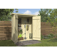 Armoire de jardin en bois avec portes ouvertes et divers outils de jardinage