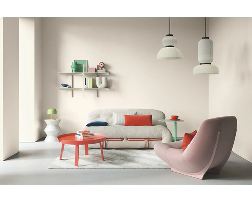 Salon avec canapé, fauteuil, table et étagères