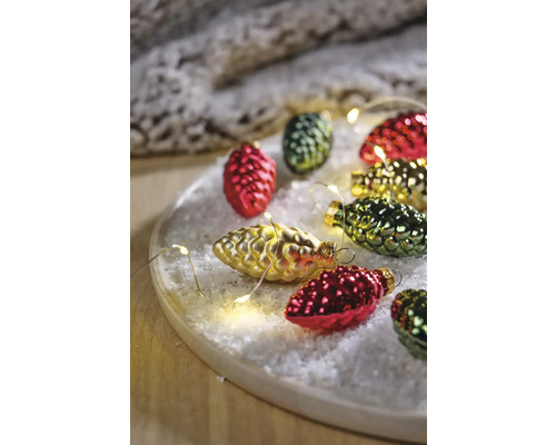 Weihnachtsbaumschmuck Tannenzapfen Glas Ø 6 cm H 2 cm grün gold rot 16 Stück Dekorative Kiefernzapfen auf Tablett mit Kunstschnee und Lichterkette