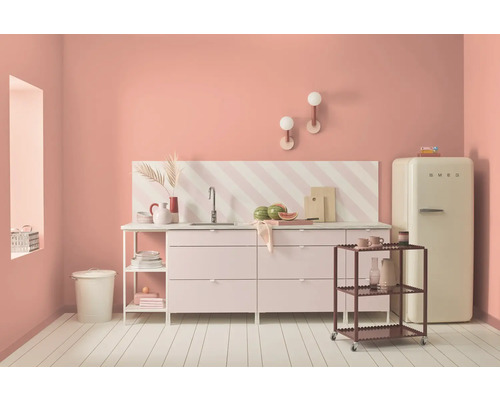 Cuisine rose avec évier, plan de travail, étagères et réfrigérateur SMEG