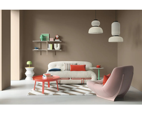 Salon avec canapé, fauteuil, tapis et étagères