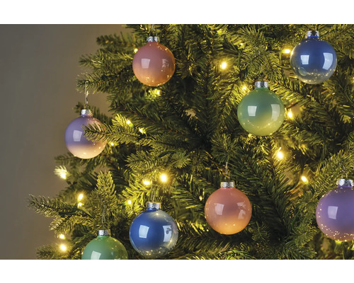 Weihnachtsbaumkugeln candy Glas Ø 6 cm transparent 30 Stück Geschmückter Weihnachtsbaum mit Christbaumkugeln und Lichtern