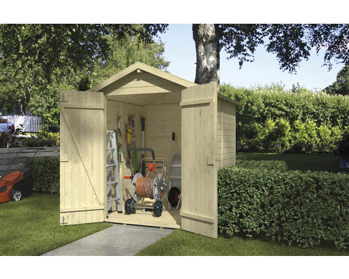 Gartenhaus Outdoor Life Kent 3.1 inkl. Fußboden 194,5 x 195 cm natur Gartenhaus mit geöffneten Türen, gefüllt mit Gartengeräten und Werkzeugen, im Garten