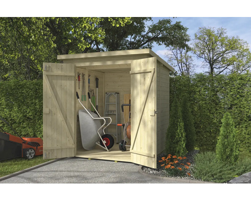 Gartenhaus Outdoor Life Kent 3.2 inkl. Fußboden 183,2 x 189 cm natur Gartenschuppen aus Holz mit geöffneten Türen und Gartengeräten