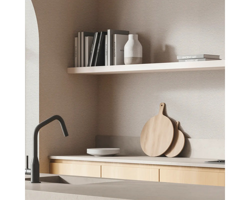 Scène de cuisine avec évier, robinet, vaisselle, planches à découper et étagères avec livres et décorations.