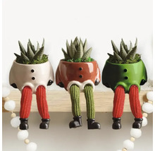 Trois pots de fleurs décoratifs en forme de figurines avec des plantes grasses sur une étagère