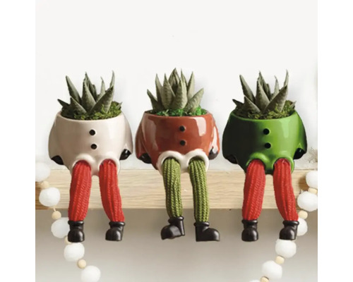 Trois pots de fleurs décoratifs en forme de figurines avec des plantes grasses sur une étagère