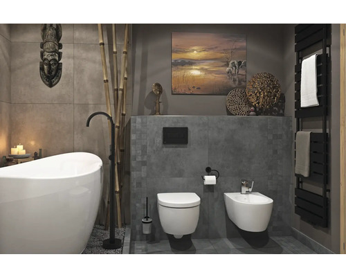 Carrelage sol et mur en grès cérame fin MIRAVA Manhattan grey 60 x 60 x 0,9 cm mat rectifié Salle de bains moderne avec baignoire, toilettes, bidet et sèche-serviettes