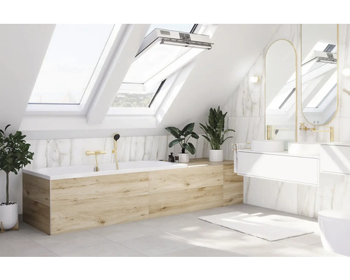 Salle de bains avec baignoire, fenêtres de toit, miroir et plantes