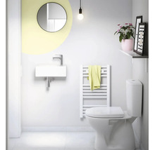 Badezimmer mit Waschbecken, Spiegel, Heizkörper, Toilette und Dekoration