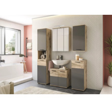 Ensemble de salle de bains moderne avec lavabo, armoire de toilette et meubles de rangement en aspect bois et gris