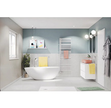 Salle de bains moderne avec baignoire îlot, sèche-serviettes et meuble-lavabo