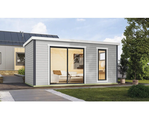 Abri de jardin moderne avec porte coulissante et fenêtre sur une pelouse