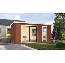 Abri de jardin moderne avec revêtement en bois, porte coulissante et fenêtre pour l'extérieur.