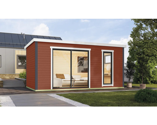 Abri de jardin moderne avec revêtement en bois, porte coulissante et fenêtre pour l'extérieur.