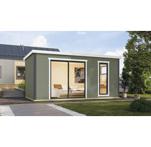Abri de jardin moderne avec porte coulissante et fenêtre dans le jardin