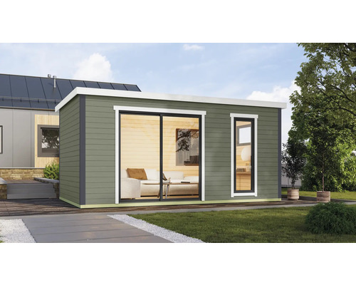 Abri de jardin moderne avec porte coulissante et fenêtre dans le jardin