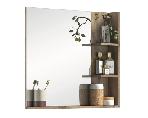 Miroir de salle de bain avec étagère en bois